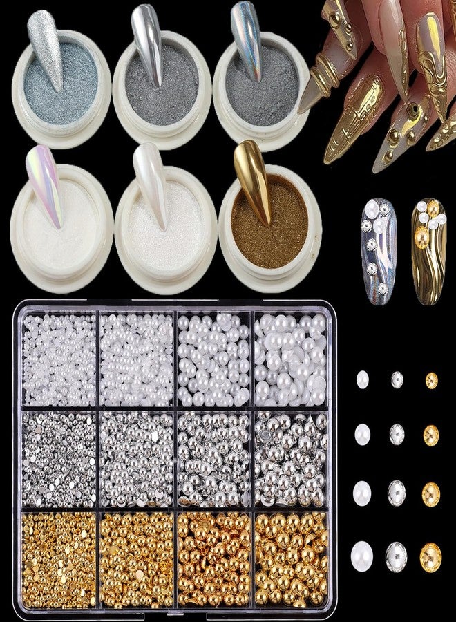 KACHIMOO Chrome Nail Powder Kit with Flatback Pearl Nail Charms,Silver Chrome Nail Art Glitters Gold Chrome Nail Powder for Nail Art Design - Image 1